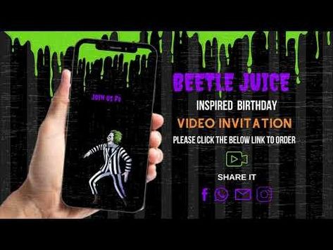 What's more fun than a Beetle juice themed birthday party? How about one that's even more fun, with this Beetle juice birthday digital invitation?     This invite is sure to put excitement in the hearts of all your friends and family, and make party planning easier for you. Give your little one a Beetlejuice themed bir Beetle Juice Halloween, Halloween Juice, Halloween Theme Party, Birthday Video Invitation, Beetle Juice, Birthday Video, Video Invitation, Halloween Party Themes, Halloween Digital