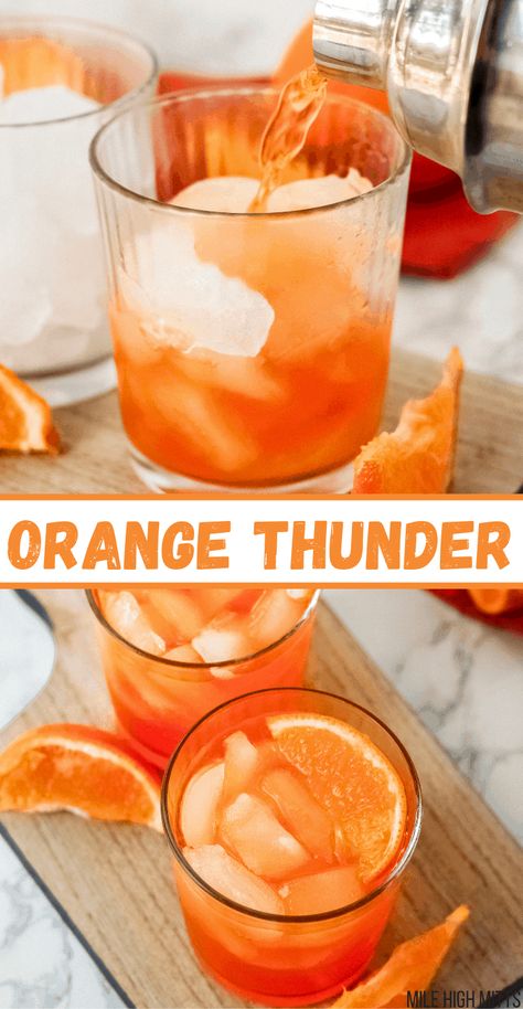 Orange Alcoholic Drinks, Orange Thunder, Orange Drink, Games Halloween, Liquor Recipes, Alcholic Drinks, Cocktail Drinks Alcoholic, Orange Drinks, Mixed Drinks Alcohol