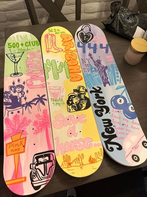 Skateboard Wall Art Diy, Skateboard Room Decor Wall Art, Trendy Art Projects, Painting Asthetics Idea, Painted Skateboard Wall Art, Kristin Konefal Art, Skateboard Deck Wall Art, Painted Skateboard Decks Art, Painted Skateboard Aesthetic