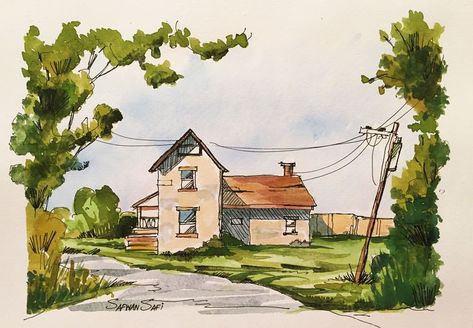 Peter Sheeler, Watercolor House Painting, Colour Drawing, Watercolor Art Landscape, Watercolor Architecture, Watercolor Projects, Watercolor Landscape Paintings, Watercolor Art Lessons, Pen And Watercolor