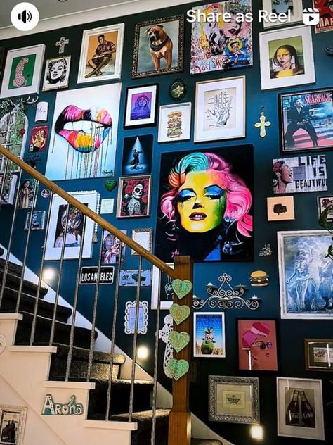 Statement Staircase, Bright Maximalist, Staircase Mural, Groovy Interiors, Tattoo Decor, Picture Walls, Funky House, Bookshelf Ideas, Hallway Inspiration