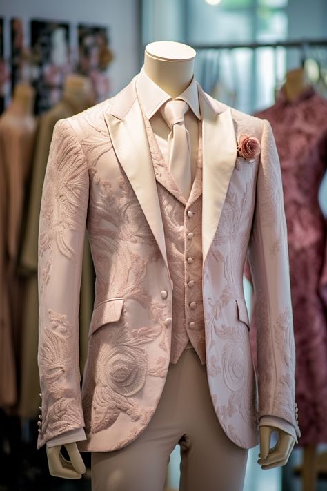 Rose flower inspired suit Wedding Suits Groom Pink, Pink Wedding Suits For Men, Bridgerton Suit, Rapunzel Prom, Floral Suit Men, Baju Wedding, Pastel Suit, Pink Suit Men, Bridgerton Fashion