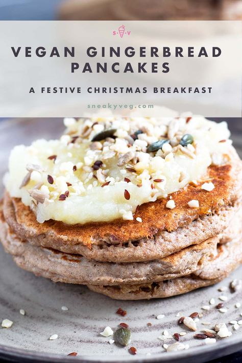 These light, fluffy gingerbread pancakes are made with warming winter, or Christmas, spices. Cinnamon, ginger and nutmeg make these healthy vegan pancakes perfect for a cold winter’s morning. Serve with your favourite fruit compote, maple syrup and chopped nuts or seeds. #veganpancakes #gingerbreadpancakes #veganchristmas #christmaspancakes #pancakes #christmasmorning Healthy Vegan Pancakes, Winter Vegetarian Recipes, Hidden Vegetable Recipes, Christmas Pancakes, Gingerbread Pancakes, Plant Based Recipes Breakfast, Vegan Gingerbread, Vegan Breakfasts, Vegetarian Meals For Kids