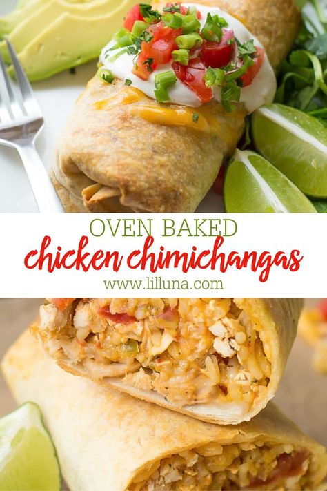 Baked Chicken Chimichangas are like a crispy burrito, stuffed with chicken + cheese. Everyone will love this simple restaurant-style recipe! #chickenchimichangas #chimichangas #chicken #bakedchimichangarecipe #chickenchimichangarecipe Chicken Quesidilla, Chimichangas Chicken, Baked Chicken Chimichangas, Chicken Chimichanga, Chicken Chimichangas, Chimichanga Recipe, Restaurant Style Recipes, Mexican Dinner Recipes, Rice Chicken