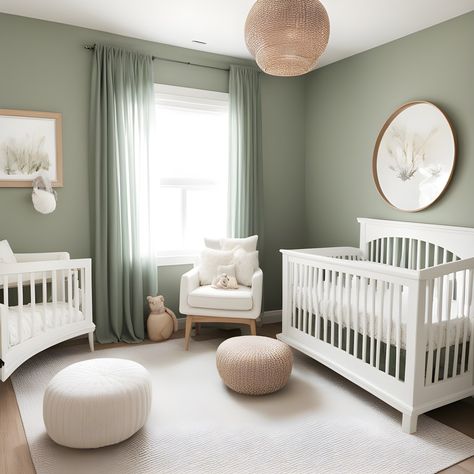 Sage Babyroom, Sage And Ivory Nursery, Green Nursery White Furniture, Green Nursery Mural, Sage Color Nursery, Green Painted Nursery, Sage Dresser Nursery, Nursery Room Sage Green, Nursery With Sage Green Accents