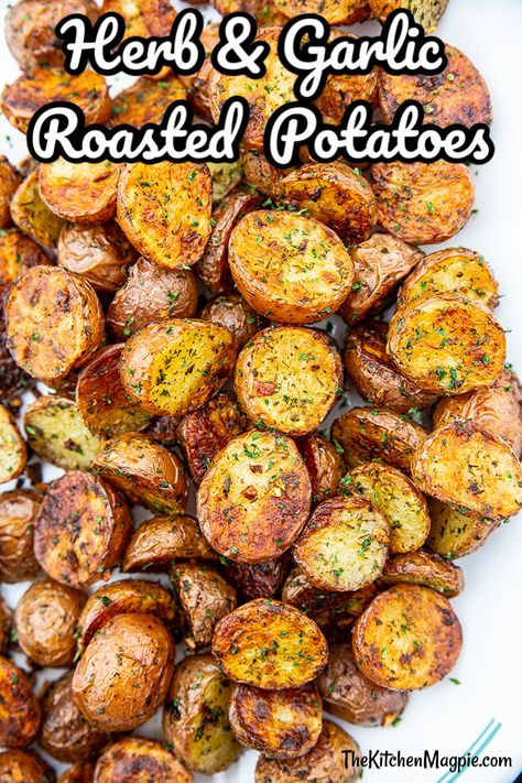 Herb and Garlic Roasted Red Potatoes Roasted Gemstone Potatoes, Roasted Red Potatoes Oven Crispy, Roasted Red Potatoes Recipe, Garlic Roasted Red Potatoes, Vday Dinner, Smashed Red Potatoes, Oven Roasted Red Potatoes, Cooking Red Potatoes, Flounder Recipes