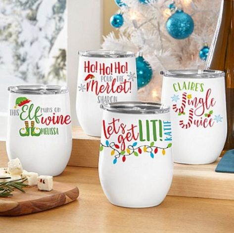 The wine humor and whimsical graphics on these insulated tumblers will have you wassailing all season long! •Made of stainless steel •Double-wall vacuum insulation for maximum heat and cold retention; 12 hours hot and 24 hour cold •Maintains twice the heat and cold resistance compared to glass or plastic wine glasses •Sweat-resistant, durable powder coat finish •BPA and lead-free •Holds 12 oz.; measures 5″Hx4″ dia. •Available in Elf Runs On, Ho!Ho!Ho!, Jingle Juice or Let's Get Lit! designs Personalized Wine Tumblers, Christmas Colorful, Plastic Wine Glasses, Personalized Wine Tumbler, Custom Tumbler Cups, Colorful Christmas, Wine Humor, Christmas Tumblers, Christmas Wine