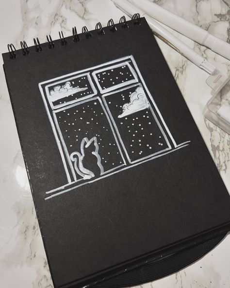 Just a simple sketchy cat on my black sketchbook lmao [black and white, black sketchbook, simple sketch, cat, cat on windowsill, nightscape, simple, sketch] Cat On Windowsill, Sketch Cat, Black Sketchbook, Simple Sketches, Simple Sketch, Sketchbook Cover, Sketchbook Ideas, Cover Ideas, My Black