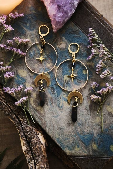 Moon And Star Jewelry, Black Crystal Earrings, Stars Earrings, Aura Quartz Crystal, Moon And Star Earrings, Witchy Jewelry, Crystal Hoop Earrings, Celestial Jewelry, Moon And Star