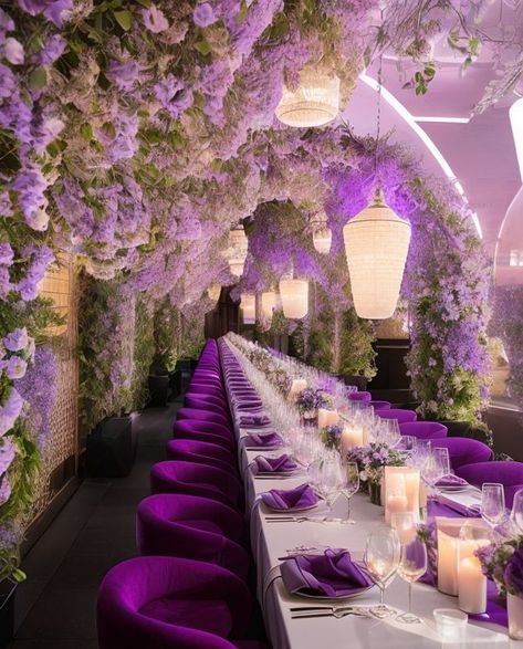 Luxurious wedding reception with purple and green colors, long table, lots of flowers, and flower arches. 3D rendering services for interior designers, architects, and event management companies. Purple Themed Indian Wedding, Wedding Reception Purple Theme, Emerald Green And Violet Wedding, Lavender Emerald Wedding, Pink Purple And Green Wedding, Green Wedding Shower Ideas, Green And Purple Decorations, Purple Green Wedding Theme, Purple And Green Wedding Ideas