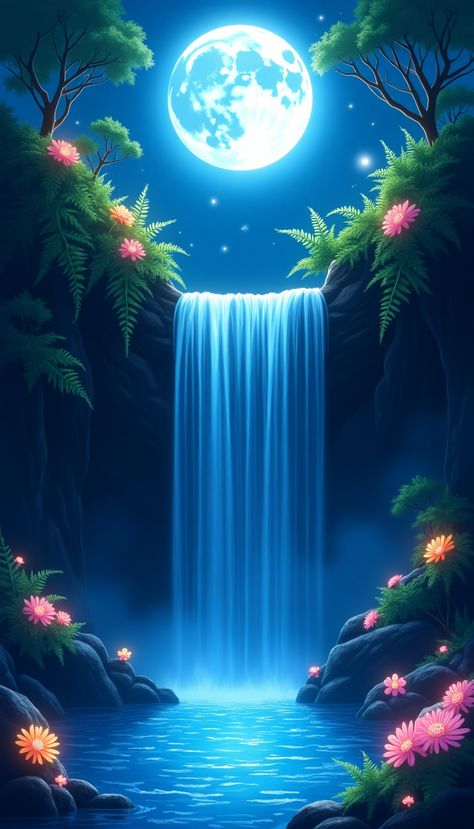 A breathtaking 4K wallpaper featuring a mystical waterfall illuminated by a blue moon. The scene captures shimmering water cascading over rocks surrounded by lush greenery and ethereal lights, creating a serene atmosphere. Perfect for nature lovers and those who appreciate enchanting landscapes. Moon Waterfall, Mystical Waterfall, Shimmering Water, 4k Wallpaper, Lush Greenery, Blue Moon, Nature Lovers, The Scene, Nature Lover