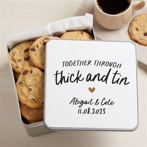 Personalize with any line of text and date Made of matte aluminumSilver base and printed insert adhered to the lidSquare tin measures 7.5"x7.5"x 4"Tin is empty- no contents includedImported The 10th Anniversary Personalized Metal Treat Tin is a special way to package treats & gifts for someone special. Fill with cookies, candies, or small trinkets (not included). Tin Anniversary Ideas, Diy Tin Gifts Anniversary, Tin Or Aluminum Gifts For Anniversary, Tin Gifts For Him, Tin Anniversary Party, Tin Wedding Anniversary Gift, 10 Yr Anniversary Ideas Gift For Him, Tin Anniversary Gifts For Him, Small Wedding Gift Ideas