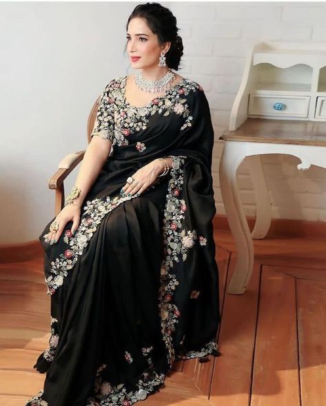 Cash On Delivery Available In India ❣️. *🌿Black Sargam Sarees 🌿* *Price : 1999/-*😍 📝*Description*📝 Looking some one for this same colour beautiful Saree for wedding on premium Soft Georgette fabric with C-pallu All Over Embroidery Work Butti & Cutwork Border and Hevay Embroidery Work blouse. 🥻🥻 *Saree*🥻🥻 Fabric. :- Georgette Work :- Embroidery Cut :- 5.5 mtr *👚👚Blouse * 👚👚 Fabric. :- Mono Banglory silk Work :- Heavy Embroidery Cut. :- 1.20 mtr (Un-stitch) *Full stock available* ... Saree Prom, Black Colour Saree, Saree With Heavy Blouse, Black Party Wear, Fancy Saree, Simple Kurti Designs, Embroidered Border, Georgette Saree, Georgette Fabric