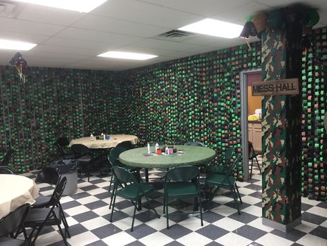 Camo Classroom Theme, Military Decorating Ideas, Abc Bootcamp, Army Boot Camp, Camo Decor, Camp Vbs, Mess Hall, Army Decor, Sunday School Decorations