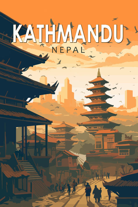 Artistic depiction of Kathmandu, Nepal in a classic retro style, emphasizing the city's rich cultural history and iconic landmarks. Nepal Wall Art, Nepal Illustration, Places Poster, Nepali Art, Art Deco Travel Posters, History Illustration, Landmark Poster, Nepal Art, Wanderlust Decor