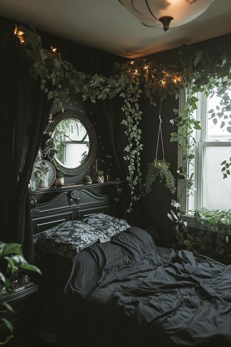 Dark Cottage Core Bedroom Decor, Fairy Goth Decor, Subtle Gothic Decor, Forest Aesthetic Bedroom, Goth Bedroom Ideas, Gothic Decor Bedroom, Forest Room, Goth Bedroom, Bed Nook