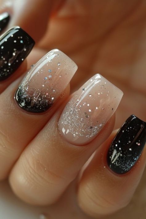 ✨ Dive into the enchantment of the "Shimmering Collection 2024" for black nails! These designs fuse graceful shimmer and dazzling sparkle, elevating your nails to the center of attention in any ensemble. Whether it's a touch of glitter or a radiant shimmer, your nails are sure to mesmerize. Save it for later and let your nail art shine! 💅🖤 #NailArt #BlackNails Black Dip Nail Designs, Black Sparkly Nail Designs, Square Round Nail Designs, Dark Elegant Nails, Black And Silver Nails Ideas, Black Sparkly Nails, Sparkly Nail Designs, Round Nail Designs, Shorties Nails