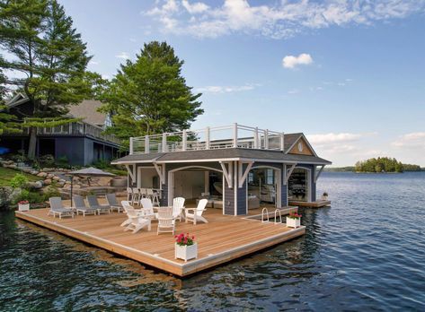 Beach House With Boat Dock, Lake Docks Designs, Muskoka Boathouse, Duffy Boat, Lake House Dock, Dock Storage, Dock Design, Boathouse Design, Lakefront Cabin