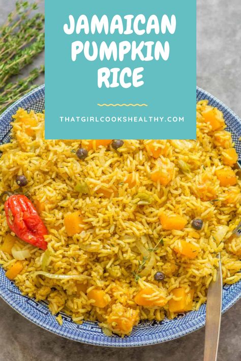 Jamaican Pumpkin Rice in a blue serving bowl. Caribbean Pumpkin Recipes, Jamaican Pumpkin Rice, Jamaican Seasoned Rice, Jamaican Pumpkin Soup, Jamaican Vegan Recipes, Jamaican Sides, Jamaican Rice, Pumpkin Rice, Jamaica Food