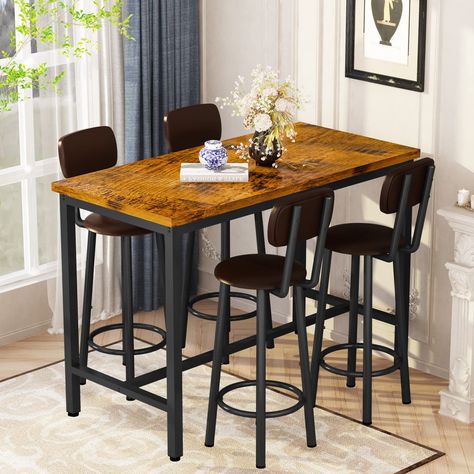 PRICES MAY VARY. Simple Style：This dining table set for 4 with prime quality Industrial brown finish, the black iron frame not only forms an appealing contrast to the brown tone, but also suitable for most scenes, simple and modern. It is a wonderful addition to your kitchen, restaurant, bar, or living room. Space Saving ＆ Ergonomic Design：Function as both a counter top and as a kitchen table that was absolutely ideal for limited space. The four 23.8"H bar stools fit perfectly under the bar coun Space Saving Dining Room Table, Industrial Pub Table, Bar Table And Chairs, Industrial Counter, Pub Table And Chairs, Breakfast Bar Table, Counter Height Dining Table Set, Counter Height Pub Table, Bar Dining Table