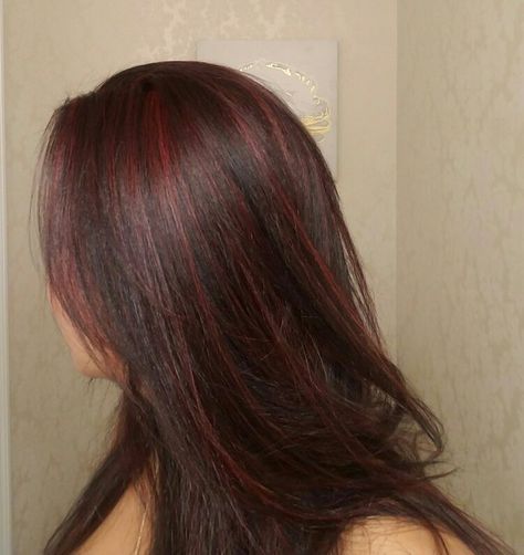 Under Hair Dye Burgundy, Ted Highlights For Black Hair, Light Brown And Red Highlights, Hair Dye Red Highlights, Red Face Framing Highlights Black Hair, Auburn Streaks In Black Hair, Asian Red Highlights Dark Hair, Dark Cherry Red Highlights In Black Hair, Red Highlights With Layers