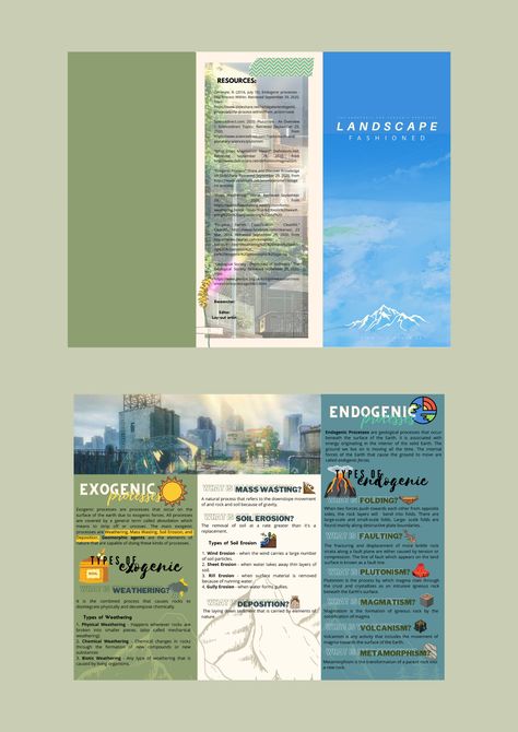 Endogenic Processes, Typhoon Brochure, Brochure Design Ideas Aesthetic, Canva Brochure Ideas, Aesthetic Pamphlet, Brochure Ideas For School Project, Exogenic Process, Pamphlet Ideas, Physical Weathering