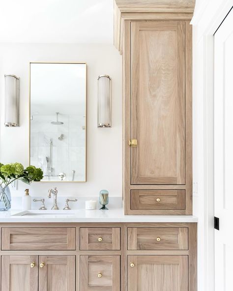 Light and airy bathroom details☁️ If you’ve been here for a bit, you already know we love a white oak vanity and mixed metals. Pairing brass and polished nickel makes for a timeless combination that will forever feel crisp and beautiful. Build by @gkconstruction02066 Architect @alissajones_design Design finishes @pennyandpearldesign Photos @marinaporl Light Cabinets Bathroom, Bathrooms With Polished Nickel Fixtures, Light Wood Vanity With Gold Hardware, Polished Nickel On White Oak, Mixing Polished Nickel And Gold, Polished Nickel And Brushed Brass Bathroom, White Oak Bathroom Vanity Brass Hardware, Woodbrook White Washed Oak Bathroom Vanity, Built In Bathroom Vanity