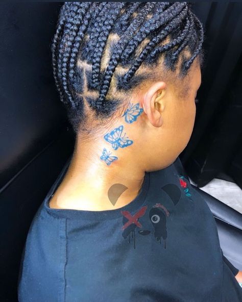 Blue Butterfly Tattoo Behind Ear, Blue Neck Tattoo, Blue Ink Tattoos Black Women, Blue Tattoo On Brown Skin, Neck Tats, Baddie Tats, Blue Ink Tattoos, Butterfly Neck Tattoo, Butterflies Tattoo