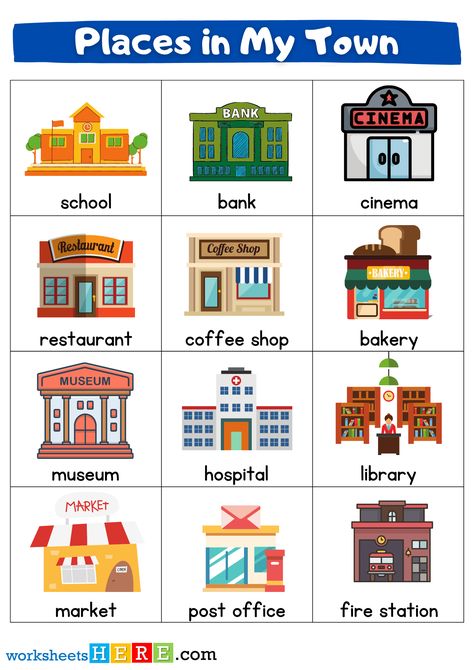 Places in My Town Flashcards, Town City Places Names List with Pictures Places In Town Flashcards, My Town Activities, Names For Towns, Noun Town, Nouns For Kids, Neighborhood Activities, Drama For Kids, Community Places, School Art Activities