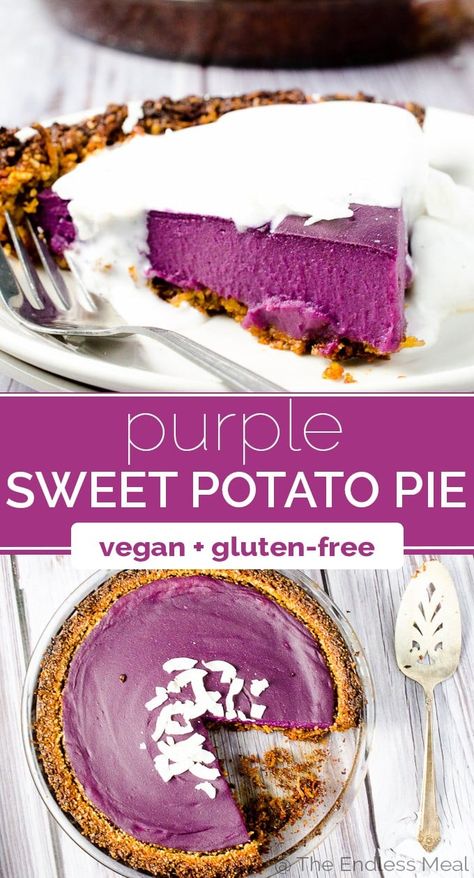 Vegan Purple Sweet Potato Pie | The Endless Meal Chakra Foods, Purple Sweet Potato Pie, Purple Foods, Vegan Sweet Potato Pie, Tarte Vegan, Baking Vegan, Sweet Potato Pie Southern, Snack Dinner, Almond Crust