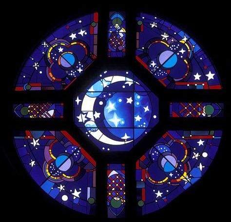 Stephen Wilson Stained Glass: Sister Moon rose window in St. Clare of Assisi Catholic Church Houston, Texas 7ft. Diameter. 2006 BENE Award Recipient, Ministry and Liturgy The Moon And Stars, Art Stained, Stained Glass Window, Moon And Stars, Stained Glass Mosaic, Stained Glass Patterns, Leaded Glass, Art Blue, Stained Glass Art