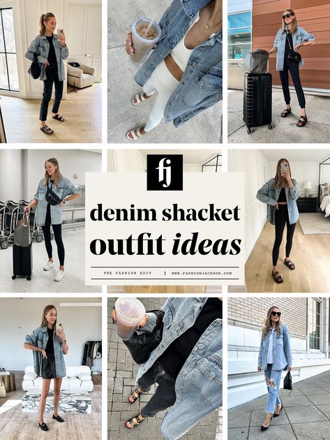 10+ Spring Outfit Ideas to Wear with a Denim Shacket - Fashion Jackson How To Style Denim Shacket, Denim Shacket Street Style, Jean Shirt Jacket Outfits, Jean Shacket Outfit, Denim Shacket Outfit Women, Shacket Fashion, Oversized Denim Shirt Outfit, Denim Shacket Outfit, Shacket Street Style