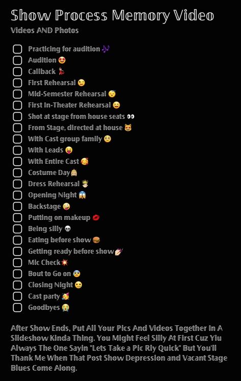 Musical Theatre Checklist, Show Makeup Theatre, Theater Rehearsal Outfit, Musical Theatre Tips, Theatre Rehearsal Outfit, Rehearsal Outfits Theatre, Musical Theatre Outfit Ideas, Theatre Essentials, Stage Makeup Theatre