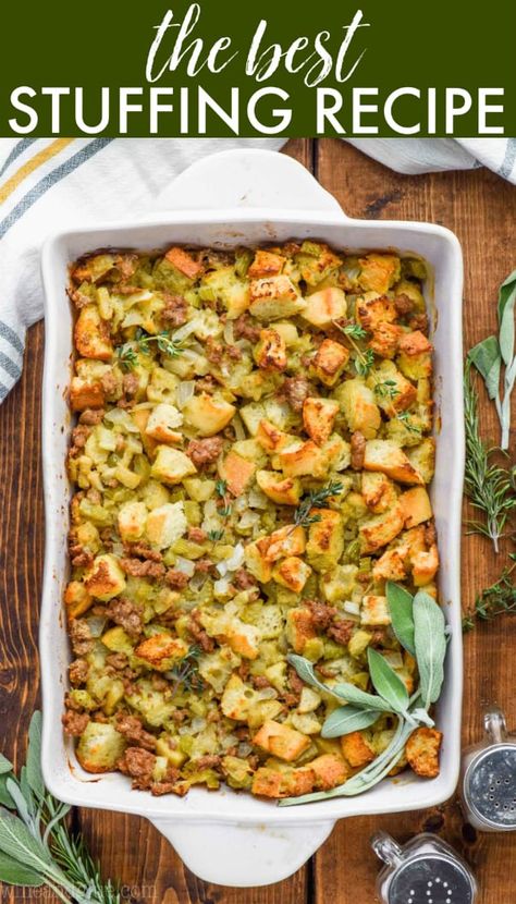 This is literally the BEST Homemade Stuffing Recipe. It has everything you love about a classic stuffing recipe, celery, onion, apples, tons of delicious flavor, all in a great sausage stuffing recipe. Plus! I have instructions for how to make this Thanksgiving stuffing recipe the night before! #thanksgivingrecipe Best Homemade Stuffing, Homemade Stuffing Recipe, Thanksgiving Stuffing Recipe, Homemade Stuffing Recipes, Classic Stuffing Recipe, Classic Stuffing, Best Stuffing Recipe, Sausage Stuffing Recipe, Sage Stuffing