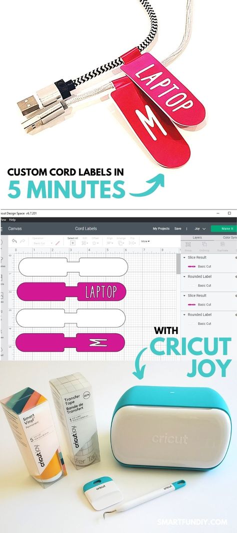 "Collage showing cords with custom vinyl tags in pink vinyl, screenshot of the tags in Cricut Design Space, and Cricut Joy machine with vinyl, vinyl transfer tape, and vinyl tools Cricut Cord Labels, Cricut Joy Label Projects, Projects For Cricut Joy, Easy Cricut Joy Projects, What To Make With Cricut Joy, Decorate Cricut Machine With Vinyl Ideas, Cricut Joy Vinyl Storage, Cricut Label Ideas, Cricut Joy Storage