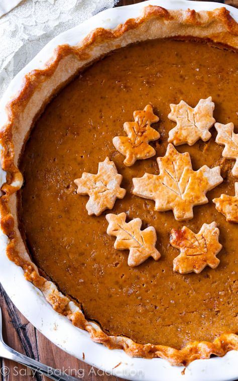 This is the great pumpkin pie recipe. I tested several recipes and this one is the absolute best. The secret ingredient puts it over the top! Pumpkin Pie Recipe Sally, Pumpkin Pie With Leaves On Top, Salted Caramel Pumpkin Pie, The Great Pumpkin Pie Recipe, Shaped Pie, Sallys Baking, Best Pumpkin Pie, The Great Pumpkin, Sally's Baking