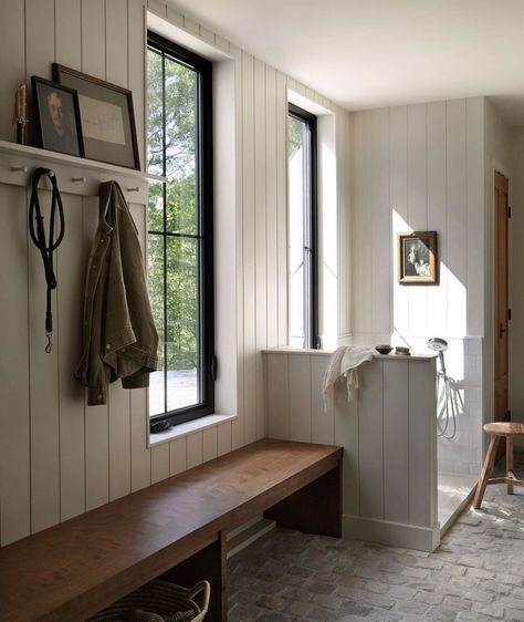 Old Country Bathroom, Breezeway Laundry Mud Room, Interior Design Swatch Boards, Brick Mudroom, Large Mudroom Laundry Room, Breezeway Mudroom, Mud Room Hallway, Mud Hall, Large Mudroom