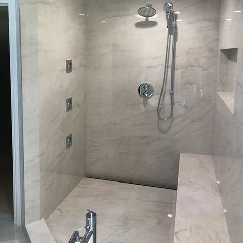 Daltile Bathroom Shower Walls, 24x48 Shower Wall Tile, Large Format Tile Shower Wall, Large Tile Shower Ideas, Large Tile Shower, Clear Glass Shower Door, Large Shower Tile, Large Format Tiles, Beveled Subway Tile