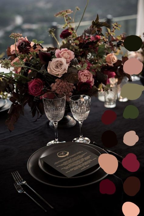 Black Wedding Palette Colour Schemes, Twilight Wedding Color Scheme, Dark Purple Fall Wedding, Dark Plum Color Palette, Dark Romance Wedding Color Palettes, Wedding Color Palette Dark, Berry Color Wedding, Dark Spring Wedding, Dark Romantic Wedding Color Schemes