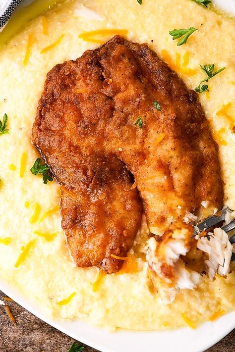 Groper Fish Recipe, Seafood And Grits, Fish & Grits Recipe, Catfish And Grits Soul Food, Fried Fish And Grits Recipe, Fish And Grits Recipe Southern Style, Fried Fish And Grits, Savory Grits Recipe, Catfish And Grits