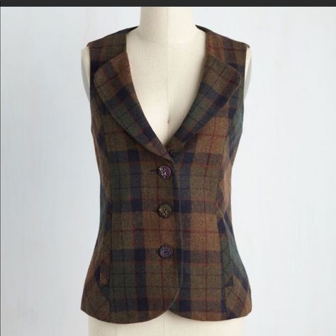 Vest With Lapel, Plaid Vest Outfits For Women, Tailored Vintage Fall Vest, Wool Vest Women, Slaughterhouse Rulez, Fitted Vintage Tweed Vest, Cheap Vintage Brown Vest, Brown Tailored Vintage Vest, Women Vests