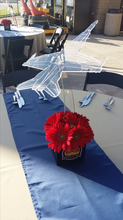 Acrylic jet centerpiece Air Force Table Centerpieces, Air Force Ball Decorations, Airplane Table Centerpiece, Aviation Party Decorations, Air Force Retirement Party Centerpieces, Airplane Centerpieces Table Decorations, Air Force Centerpiece Ideas, Airplane Centerpiece Ideas, Air Force Ball