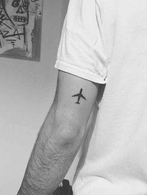 Plane Tattoos For Men, Small Aviation Tattoo, Aesthetic Mens Tattoo Ideas, Airplane Tattoos Men, Minimalist Plane Tattoo, Aircraft Tattoo Ideas, Minimal Tattoo Men Ideas Simple, Simple Plane Tattoo, Travelling Tattoos Men