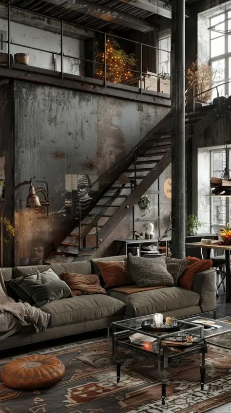 Discover how to create an industrial living room with exposed structures, neutral colors, and practical furniture. Industrial High Ceiling, Concrete Minimalist House, Barbie Hotel, Industrial Hotel, Scandinavian Houses, Loft Designs, Industrial Living Room, Practical Furniture, Industrial Chic Design