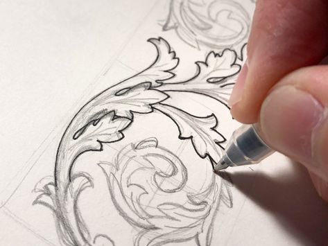 Practicing acanthus leaves for future ornamentation projects. Always loved the aesthetic of these, but never took the time to figure them out. This one's not perfect, but it's a start. Filigree Tattoo, Ornament Drawing, Tooling Patterns, Acanthus Leaves, Leaf Drawing, Ornate Design, Engraving Art, Wood Carving Patterns, Cat Air