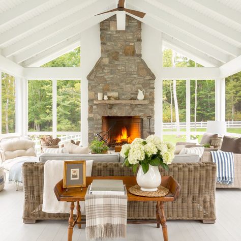 75 Screened-In Porch Ideas You'll Love - June, 2024 | Houzz Screened In Back Porch Ideas With Fireplace, Enclosed Porch With Fireplace, Covered Back Patio With Fireplace, Sunroom With Fireplace Ideas, Screened In Porch Vaulted Ceiling, Screened In Deck With Fireplace, Screened In Porch With Fireplace, Covered Porch With Fireplace, Sunroom With Fireplace