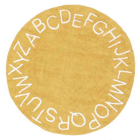 This round alphabet area rug is the perfect finishing touch for your child's nursery or playroom. Machine made from premium sustainably sourced cotton, our machine washable rugs are spill and stain-resistant making them perfect for those with kids and pets. When that inevitable stain happens, roll your rug up and place it in your washing machine! Hang dry and simply put your rug in the desired place, with no rug pad required with our innovative non-slip backing. Make lasting memories with your Alphabet Rug, Alphabet Nursery, Yellow Nursery, Discovery Kids, Target Rug, Round Area Rugs, Yellow Rug, Machine Washable Rugs, Washable Area Rugs