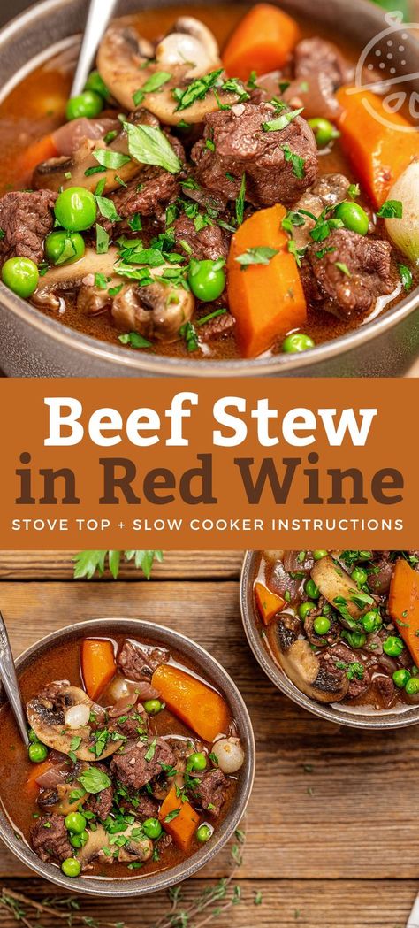 Hearty Beef Stew with Red Wine is made with chunks of beef chuck and vegetables stewed in a silky and rich red wine sauce, until meltingly tender and outrageously delicious. This crowd-pleasing red wine beef stew recipe is the perfect comfort food dish to enjoy during cold winter nights. Stove top/oven and slow cooker instructions provided! #lemonblossoms #stew #bourguignon #crockpot #slowcooker #recipe Slow Cooker Red Wine Beef Stew, Crockpot Beef Stew With Wine, Chili With Red Wine, Instant Pot Beef Stew With Red Wine, Stew Meat Recipes Red Wine, Red Wine Stew Crockpot, Beef Stew In Red Wine Sauce, Beef Stew With Red Wine Crockpot, Beef Stew Crock Pot Recipes Red Wine