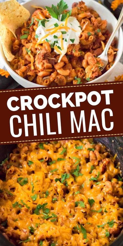 Crockpot Chili Mac is a comfort food dinner made with seasoned ground beef, beans, garlic, onion, and pasta all cooked up in one hearty meal. #Crockpotrecipes #crockpotdinner #slowcookerrecipes Crockpot Chili Mac, Mild Chili Recipe, Chili Mac Crockpot, Crockpot Recipes Ground Beef, Slow Cooker Chili Mac, Ground Beef Healthy, Chili Mac Recipe, Recipes Chili, Chili Mac And Cheese