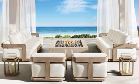 RH Beach House Just Released a Big New Collection | Architectural Digest Beach House Lighting, Beach House Rug, Outdoor Chair Set, Weathered Teak, Teak Sofa, Outdoor Furniture Design, Beach House Interior, House Beds, Teak Outdoor